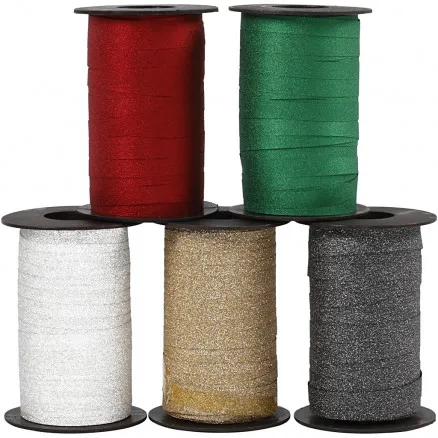 Presentband, blandade färger, B: 10 mm, glitter, 100 m/ 5 st.